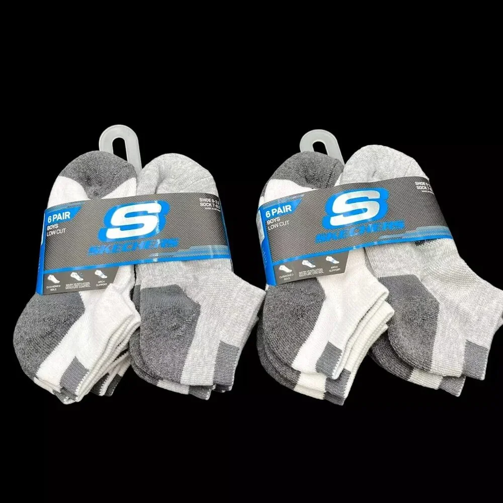 Skechers Litte-Youth Boy's Low Cut Socks Shoe Size 9-3.5 White Gray (12 Pairs)‎